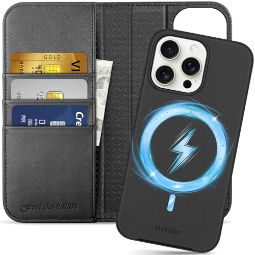 SHIELDON Rindsleder Hülle für iPhone 15 Pro Max 6,7 2023 5G, Schwarz | Abnehmbare, Kabelloses Laden, Kartenfach, Ständer, RFID Blocker, Stoßfeste Schutzhülle, Lederhülle, 2 IN 1 Klapphülle