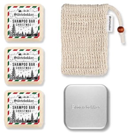 Störtebekker Duschset - Festes Shampoo x 3 Weihnachtsedition (Zimt-Orange), Sisalsäckchen + GRATIS Seifendose Aluminium - Shampoo Bar Set für Haar, Gesicht & Körper - Handgefertigt in Seifenmanufaktur