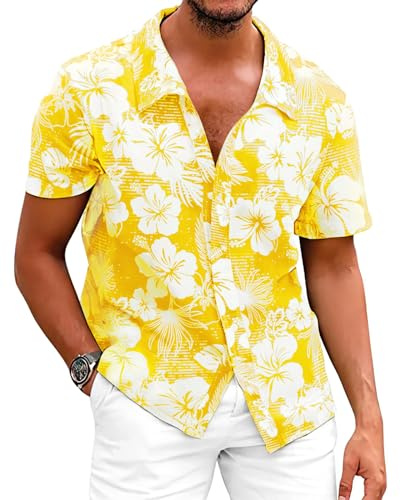 Fastkoala Hommes Chemise à Fleurs Hawaïennes Chemises Tropicales Plage Tops Holiday Summer Casual Button Down