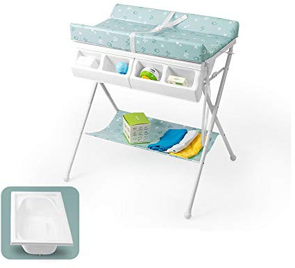 Cambiador de Pañale,con cesto para la Ropa Sucia y 4 cestas de Almacenamiento Mesa de Cuidado portátil Plegable Rosa con bañera