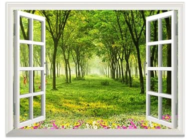 LXURY Fensterblick Leinwand Bilder-Offenem Fenster Landschaft Bild Druck auf Leinwand-Wandbilder Wandkunst für Wohnzimmer-Forest Tree Meadow Sunshine(4) 50x65cm20x26inch Ungerahmt