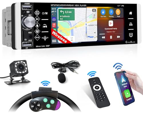 Inefala Autoradio Bluetooth 1 Din con Wireless Carplay Android Auto 5,1 Pollici Touchscreen Stereo Automatisk Supporta Bluetooth/Mirror Länk/FM AM RDS Radio/USB/AUX/TF/EQ con Telecamera Posteriore