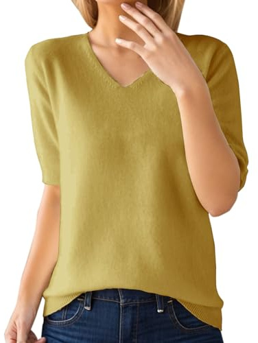Jersey para mujer, manga corta, imitación de cachemira, elegante, para primavera, verano, sudadera, suave, cuello en V, punto básico, blusa de punto de color sólido, suéter de ocio, amarillo, XL