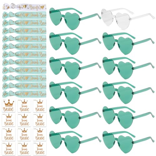Aurasky 36 Stück JGA Brille Herz Sonnenbrille Set, Brille Team Armbänder Set jga accessoires, 12Herz Sonnenbrille+12Bride Tattoo Aufkleber+12Bride Armband