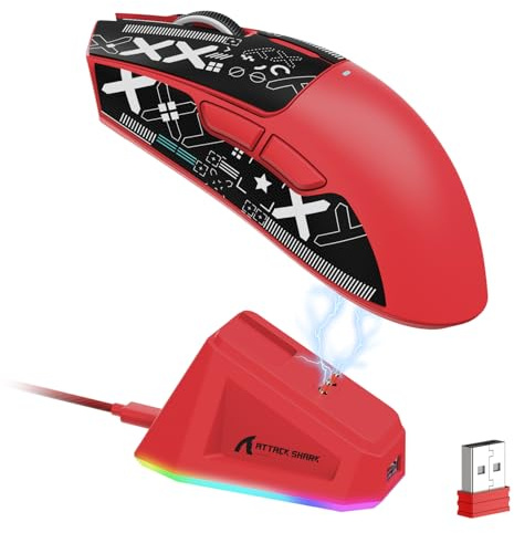 LexonElec Attack Shark X11 Souris Gaming sans Fil (avec Station de Charge) (Rouge-B)