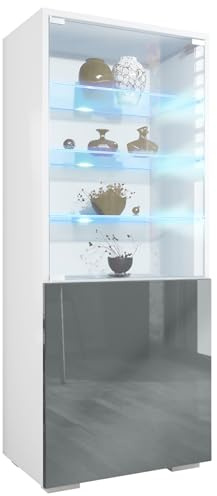 Vitrine Granada, Made in Germany, Vitrinenschrank mit Glastür und Glaseinsatz inkl. LED, Weiß matt/Grau Hochglanz (50 x 122,5 x 34,5 cm)