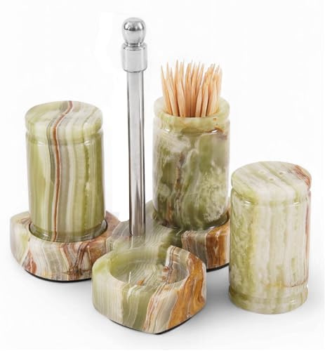 Juego de 3 saleros y pimenteros de mármol, dispensador de sal y pimentero hecho a mano de ónix verde de 0.8 onzas con bandeja, moderno juego de condimentos de mesa para encimera de cocina y decoración