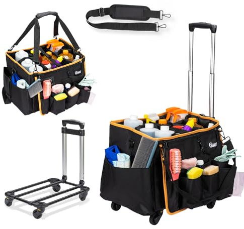 YMU Large Rolling Cleaning Caddy Bag With Detachable Trolley, 4 in 1 Portable Cart for Housekeeping With Swivel Caster & Shoulder Strap, Waterproof Supplies Organizer