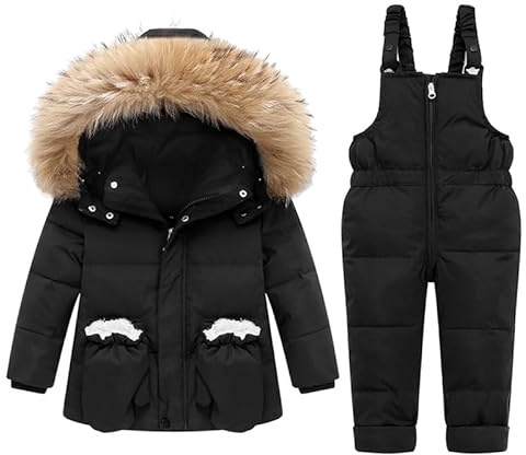 Runstarshow 2 Piece Snow Suit Kids Puffer Jacket Boys Girls Snow Bib Pants Toddler Ski Suits Hooded Down Coat with Gloves Overall Trousers Warm Winter Clothes for 1-6 Years