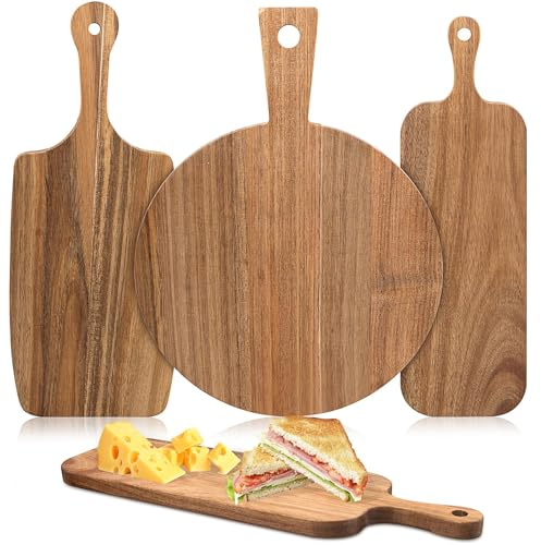 3 Set of Acacia Wood Chopping Boards with Handle, Wooden Serving Board | Wooden Square & Round Cutting Board Paddle for Kitchen Charcuterie Cheese Meat Fruit Pizza Bread Baking