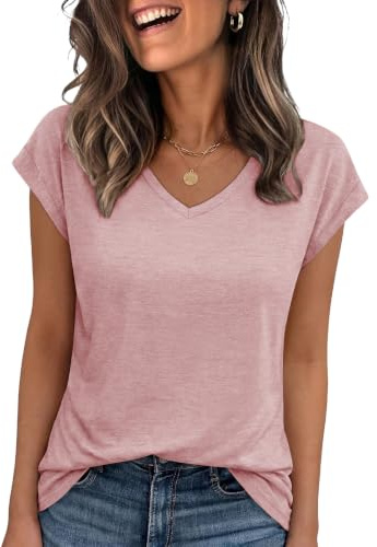 Cuptacc t-shirt damer, toppar sommar, v-ringade toppar, damer, elegant basic blus, kortärmad linne, affärskläder, ROSA, L