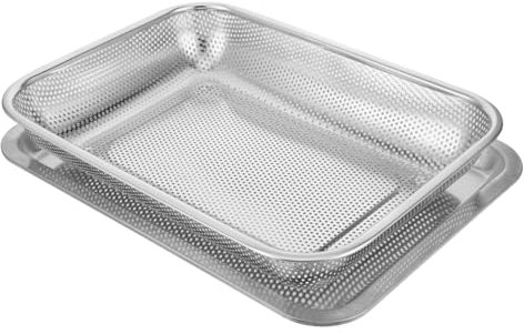 SOIMISS Stainless Steel Large Rectangular Frying Basket Perforated Oil Drain Mesh and Water Drip Tray, Reusable Wire Fry Strainer for Air Fryer Pan and Potato Cooking, for French Fries and Deep Frying