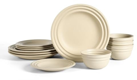 Stone Lain Zen Stoneware 12-Piece Dinnerware Set, Service for 4, Beige, Includes Salad -, Dinner Plates & Bowls, Textured Sand Finish, Microwave & Dishwasher Safe