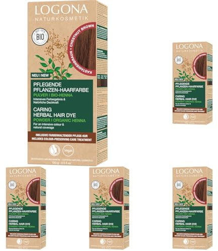 LOGONA Naturkosmetik Pflegende pflanzliche Haarfarbe, Veganes Haarfarbe-Pulver mit Bio-Henna für intensive Farbe und Glanz, Pflanzenhaarfarbe in Kastanienbraun (Braun), 1 x 100g (Packung mit 5)