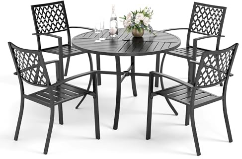 PHI VILLA Garten Esstisch mit 4 Stühlen, 5-teiliges Outdoor Balkon Esstisch mit Stapelbaren Metallstühlen und 1 Rund Gartentisch, E-Beschichtung, Gartenmöbel Set