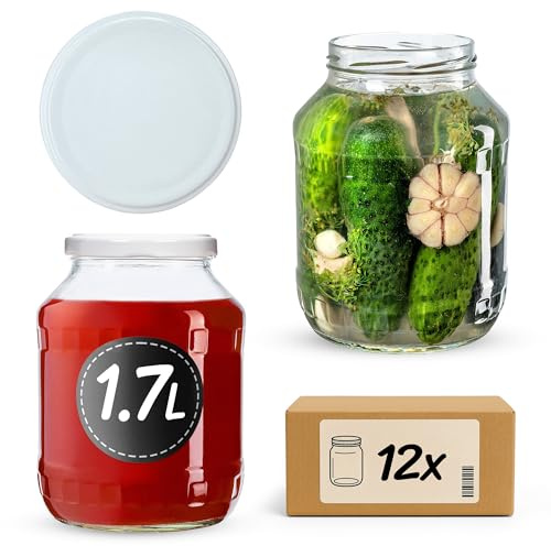 KADAX 12er Set Einmachgläser 1,7L mit TO89 Schraubdeckel Weiß – Konservengläser für Gurken, Kombucha & Kimchi | Fermentieren, Einlegen & Einkochen