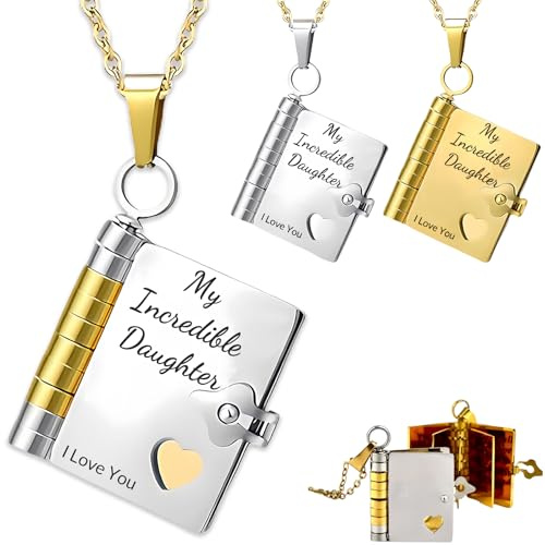 For Daughter-My Incredible Daughters Book Necklace,To My Daughter from Mom and Dad Personalized Book Necklace Openable Multi Layer Book Jewelry with 6 Pages of Engraved Information (A-Silver + Gold)