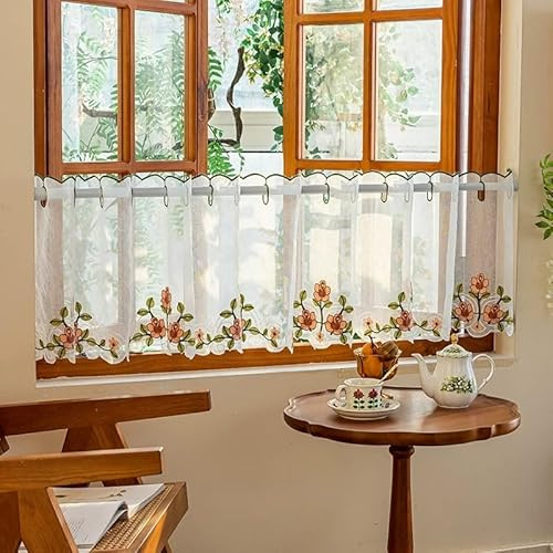 Devola Rideau brise-bise transparent - Court - Broderie florale - Style maison de campagne - Pour petite fenêtre - 45 x 100 cm - Blanc - 1 pièce