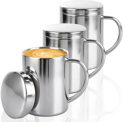 APACALI Stainless Steel Mug Set of 3, 400ml / 13.5oz Double Walled Coffee Mug with Lids, Stainless Steel Camping Mugs, Metal Coffee Cups with Handles for Cold or Hot Drinks, Silver