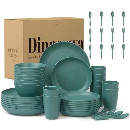 Wrova Set di stoviglie infrangibili per 8|48 pezzi, riutilizzabili, in plastica, con forchette e cucchiai, set di stoviglie leggere per interni ed esterni, GreenColors