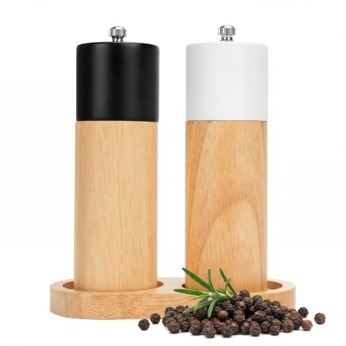 Pepparkvarn och saltkvarn set av naturligt trä med keramisk kvarn, justerbart salt och pepparkvarn för grov till fin, påfyllningsbar kryddkvarn med genomskinligt fönster och trästativ för kök, biff