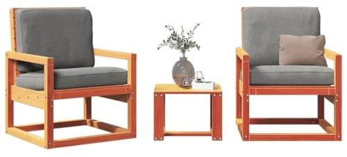 Kaloriko Ensemble de salon de jardin 3 pièces en bois de pin massif - Marron cireux - Meuble d'extérieur robuste pour terrasse, balcon et jardin - Avec table et 2 chaises