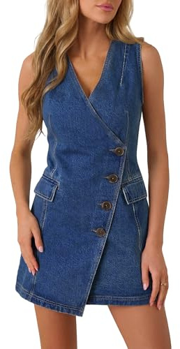 Fengbay Denim Dresses for Women UK Sleeveless V Neck Button Down Summer | Mini Shirt Jean Dress Soft Stretch Cotton Denim,Fashion Diagonal Button Detail,Suitable For Daily Casual & Occasion Wear