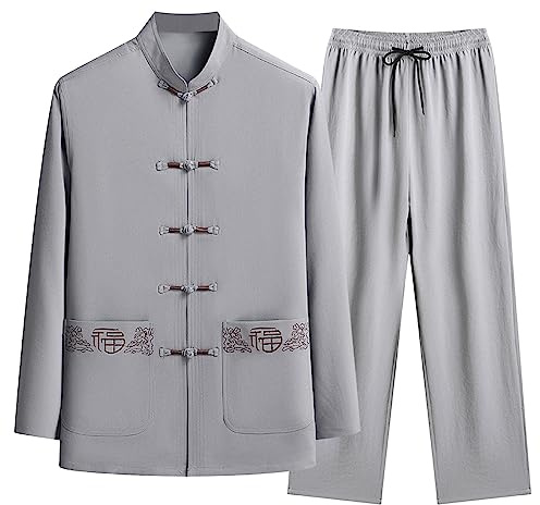 Munweiyu Tuta da uomo Kungfu Tang tradizionale cinese, set da 2 pezzi camicia + pantaloni arti marziali Taichi Tangzhuang Shaolin Wushu uniforme Qigong tuta a maniche lunghe, grigio., XXL