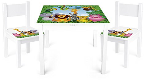 leomark tavolo e 2 sedie in legno per bambini 60x60x49 cm, stabile set per camera dei bambini, sala comune, scuola materna, asilo nido, mobili per bambini, Yeti colore ANIMALI