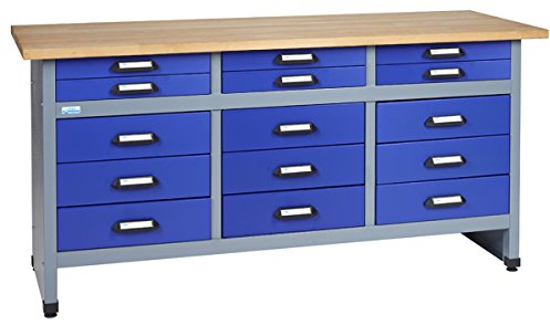 Küpper Werkbank Modell 12977, 170x84x60 cm, 15 Schubladen, 30 mm Massive Buchenarbeitsplatte, 300 kg Tragkraft, Farbe ultramarinblau
