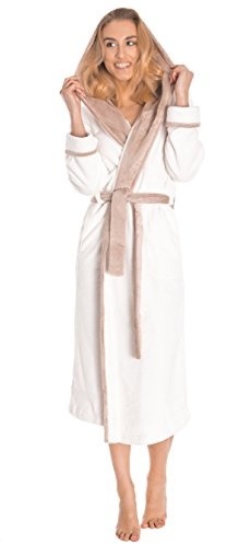 LEVERIE klassisk och gosig mjuk dambadrock/morgonrock/basturock med knytbälte, fickor och huva eller , Modell 1 vit/beige, L