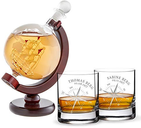 AMAVEL Set de Dégustation 3 pièces, Carafe Globe et 2 Verres Tumbler à Whisky, Gravure Personnalisée Nom Date Rose des Vents, Volume 320 ML et 650 ML