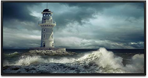 Leuchtturm im Meer ca. 130x70cm Wandbild inklusive Schattenfugenrahmen schwarz - Panorama Leinwand Bild XXL Format Wandbilder Wohnzimmer Wohnung Deko Kunstdrucke