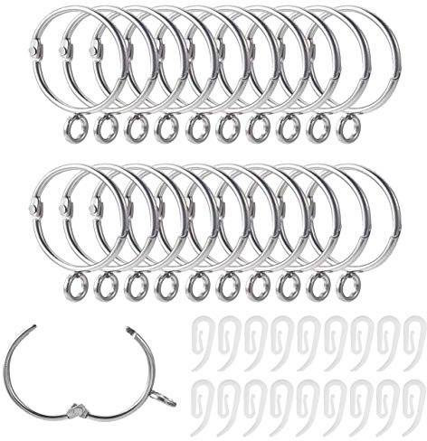 Curtain Rings and Hooks, 20pcs 32mm Internal Diameter Silver Metal & with Curtain Hooks, Loose Leaf Ring - Easy to Open/Close, Rail for Hanging Rings Curtains and Pole rail (Silver)
