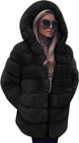 Damen Winterjacke Lang Frauen Elegant Winter Warm Kunstpelz Einfarbig Winterparka Mit Tasche Und Kapuzen Plüschjacke Faux Fur Thermo Dicke Parka Outwear Verdicken Pelzmantel Kunstpelzjacke