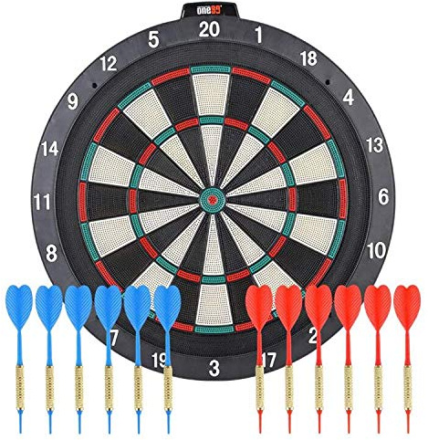 ONE80 Soft Tip Dartboard – 18” Safety Plastic Board with 12 Soft Tip Darts and Extra 20 Soft Tips, mounting Kits Also Included