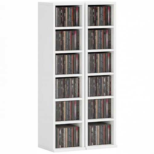 HOMCOM 204 CD Storage Units Set of 2, Blu-Ray Tower Rack with Adjustable Shelves, Bookcase Storage Organiser, White
