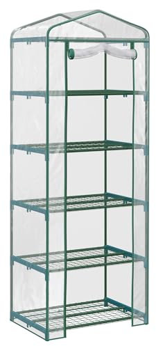 Outsunny 5 Tier Mini Greenhouse, Portable Greenhouse with Reinforced Plastic Cover, Garden Grow House with Roll Up Door and Shelves, 69 x 49 x 193cm, Green
