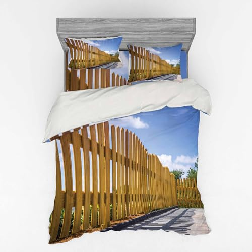 Ambesonne Fence Bedding Set, Wooden Fence on Residential Terrace Sunny Backyard Patio Tranquil View, 4 Piece Duvet Cover Set with Shams and Fitted Sheet, California King, Pale Coffee Violet Blue