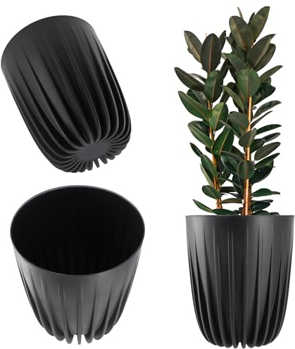 KADAX Blumentopf aus Kunststoff mit Naturmaterialien, Moderne Pflanztöpfe, Pflanzentopf mit geometrischem Muster, runder Blumenkübel mit Einsatz, Naturblumentopf, Hochübertopf (∅ 14,5 cm, Schwarz)