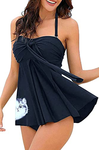 NLAND Trajes de baño Tankini para Mujer Dos Piezas Conjunto de Bañador Estampado Volantes Swimsuit con Halter Push Up Top y Bragas para Piscina