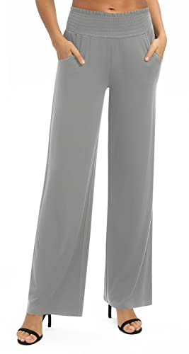 EXCHIC Damen Leichtgewicht Elastisch Hohe Taille Hose Casual Weite Bein Dehnbar Lounge Hosen mit Taschen