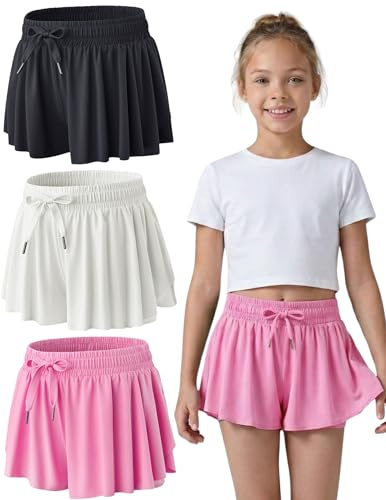 1 or 3 Pack Girls Flowy Shorts with Spandex Liner & Pocket, 2-in-1 Athletic Butterfly Shorts for Running Dance (Set 2, Small)