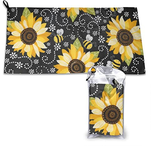 AROONS Schnell trocknendes Handtuch mit Tasche – Sonnenblumen-Bienen-Druck, super saugfähig, Mikrofaser, Reise-Sport-Handtücher, 80 x 40 cm