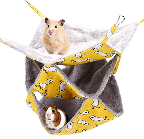 olyee Rat Hammocks for Cage,Triple Hanging Ferret Hammock Beds for Small Animals Guinea Pig Cage Accessories Bedding,Warm Hammock for Parrot Squirrel Hamster Rats Playing Sleeping(Yellow)