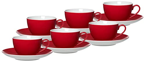 Ritzenhoff & Breker Doppio Kaffeetassen mit Untertassen, 6er Set, 200 ml, Rot, Porzellan, Buntes Mix-und-Match-Geschirr