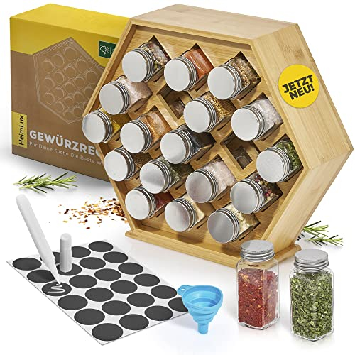 HEIMLUX - Stehendes Bambus Gewürzregal inkl. 19 Gewürzgläser, 24 Aufkleber, Kreidestift, Trichter - Ohne Bohren - Aufbewahrung, Organisation für Küche, Gewürze Organizer, Kitchen Organizer