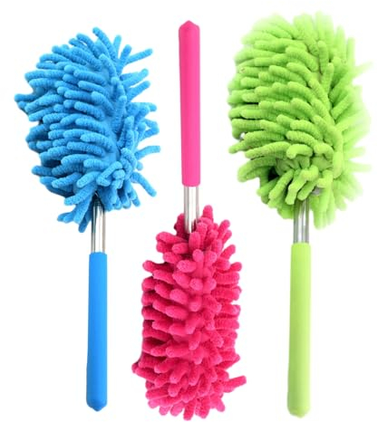 MEMOFYND 3 spolveri telescopici, raccoglipolveri in acciaio inox, spazzola per la polvere, spazzola per la pulizia dell'auto, pulizia del condizionatore d'aria, verde, blu, rosso rosa