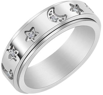 ANAZOZ Edelstahl Ringe Damen, Ring mit Gravur Damen Personalisiert Trauringe Größe 62 (19.7) Drehring mit Stern und Mond 6 mm mit Zirkonia