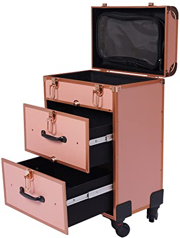OUBUBY Kosmetikkoffer, Aluminium Kosmetik Aufbewahrung Reisetrolley Koffer Zug Rollende Kosmetikkoffer Großer Kosmetiktrolley Koffer mit Schloss & Rädern Beauty Case Tragbarer